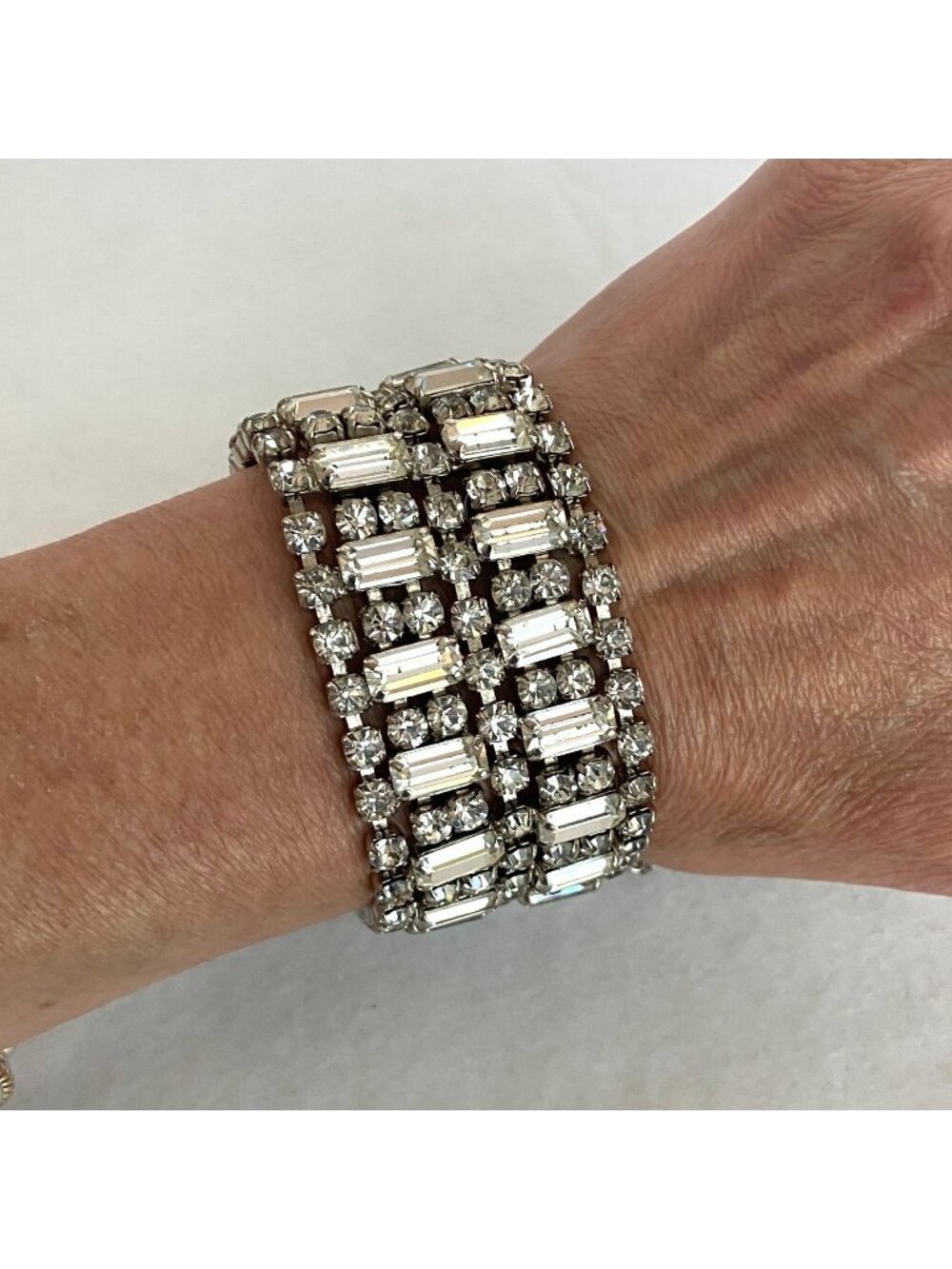 Vintage Silver 7 Row Clear Rhinestone Wide Cocktail Statement Bracelet 6.75"